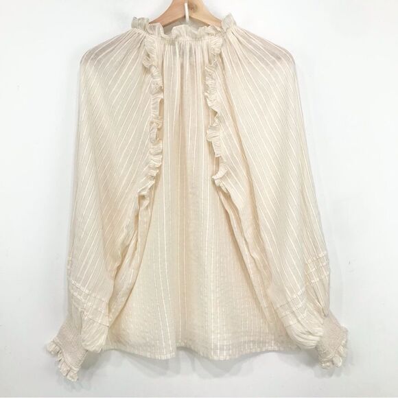 Cleobella Cream ARI Metallic Sparkle Stripe Ruffled Long Sleeve Peasant Blouse - Picture 9 of 16